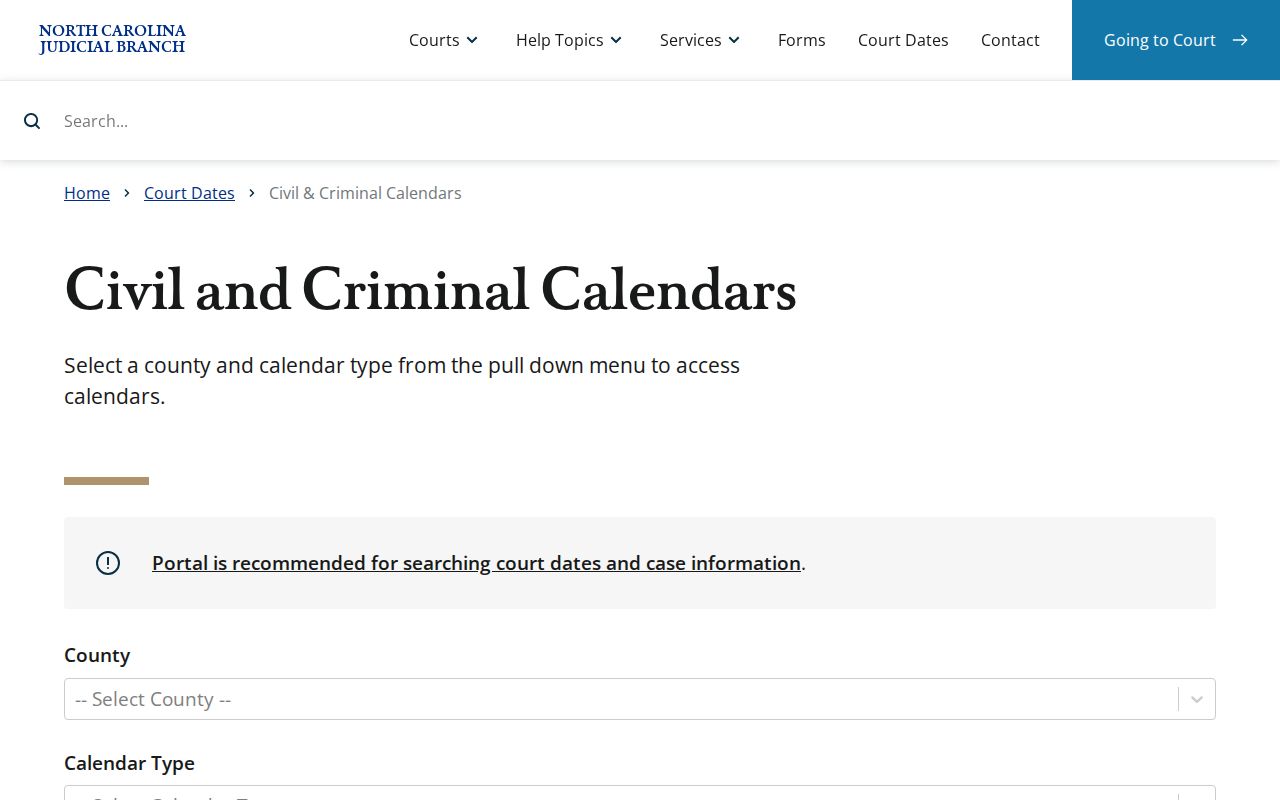 Cleveland County court calendar selector for civil and criminal schedules