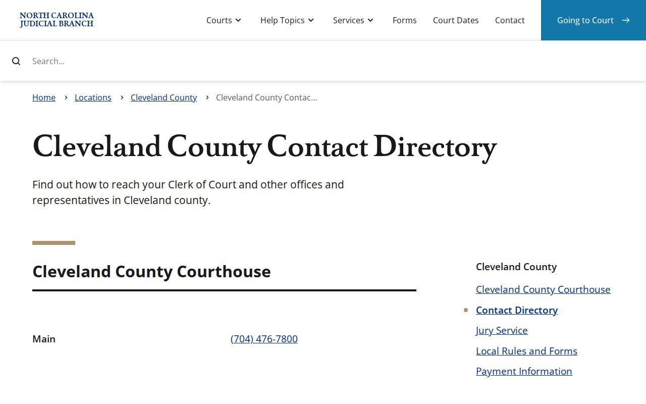 Cleveland County court docket clerk and court contact directory